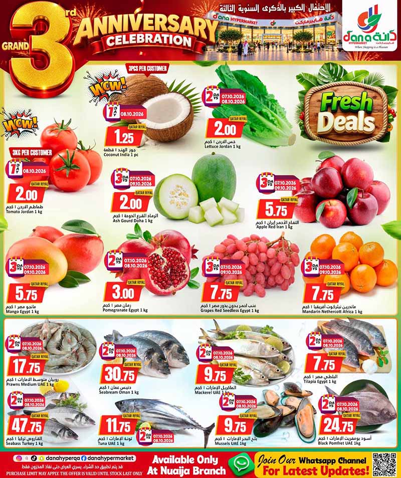 Dana Hypermarket Qatar offers — Dana Hypermarket Nuaija 3rd ANNIVERSARY EVERYDAY ESSENTIALS, TECH, iPhone 18 PRO deals and more (Groceries), flyer page 7 of 44